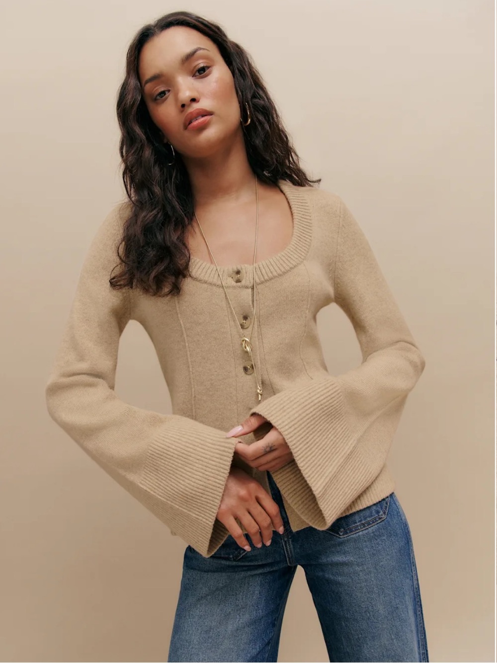 Reformation Karina Regenerative Wool Scoop Neck Cardigan Natural - Size XS